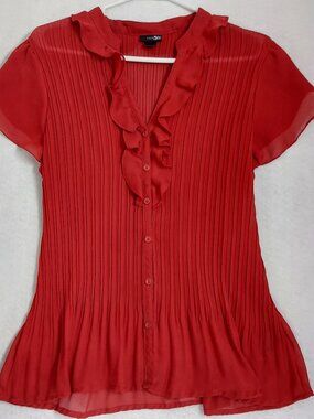 East 5th Red Pleated Blouse Size Large Ruffle Front Sheer Sleeve